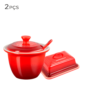 Manteigueira-e-Acucareiro-de-Ceramica-Le-Creuset-Vermelho-2PCS-